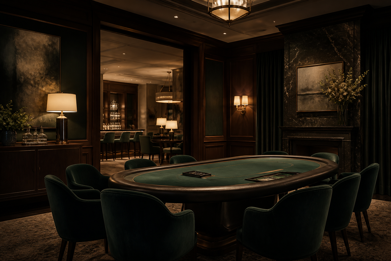 A private casino salon with dark timber and green velvet