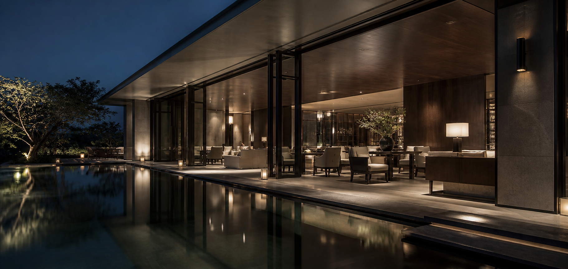 An elegant lounge beside calm reflecting water